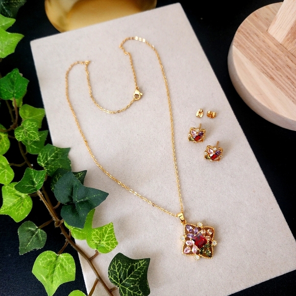 Gold with Multi Color CZ Stones Necklace Earrings Set - Picture 1 of 10